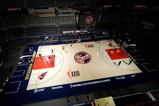 An overview of the court before the game against the Connecticut Sun and the Indiana Fever on July 3, 2021 at Indiana Farmers Coliseum in...