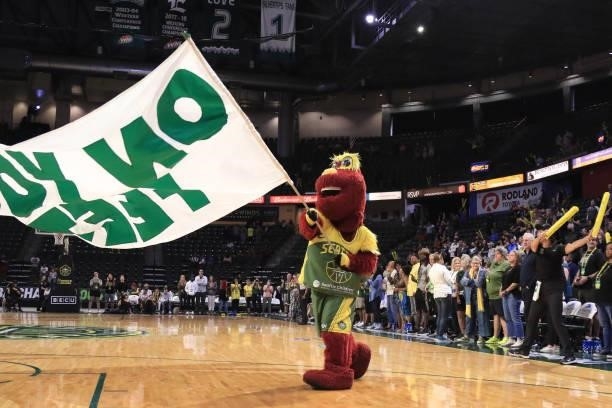 The Seattle Storm mascot pumps up the crowd during the game against the Atlanta Dream on July 2, 2021 at the Angel of the Winds Arena, in Everett,...