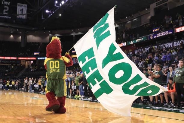 The Seattle Storm mascot pumps up the crowd during the game against the Atlanta Dream on July 2, 2021 at the Angel of the Winds Arena, in Everett,...