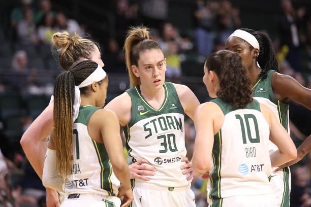 Breanna Stewart of the Seattle Storm listens to her teammate during the game against the Atlanta Dream on July 2, 2021 at the Angel of the Winds...