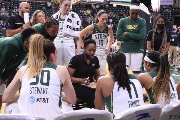 Head Coach, Noelle Quinn of the Seattle Storm draws up a play during the game against the Atlanta Dream on July 2, 2021 at the Angel of the Winds...