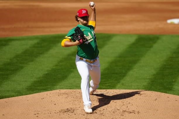 Cole Irvin of the Oakland Athletics pitches during the game between the Boston Red Sox and the Oakland Athletics at Oakland Coliseum on Saturday,...