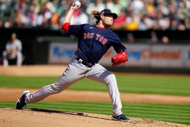 Garrett Richards of the Boston Red Sox pitches during the game between the Boston Red Sox and the Oakland Athletics at Oakland Coliseum on Saturday,...