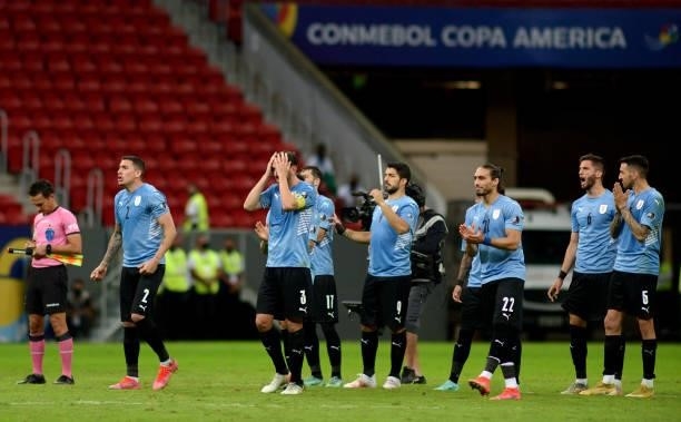 Diego Godin of Uruguay and his teammates disappointed in the penalty shootout after the Quarterfinal match between Uruguay and Colombia as part of...