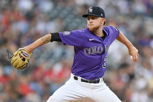 Kyle Freeland of the Colorado Rockies pitches against the St. Louis Cardinals at Coors Field on July 3, 2021 in Denver, Colorado.
