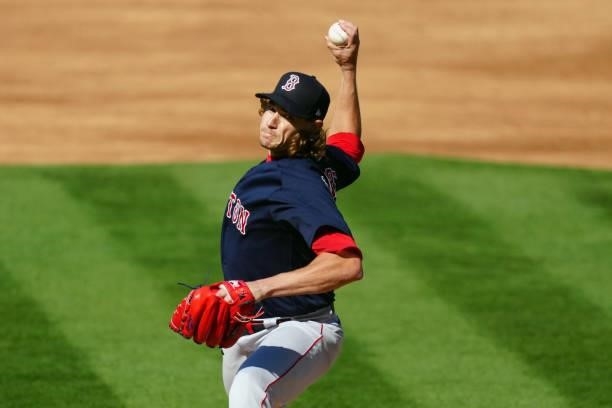 Garrett Richards of the Boston Red Sox pitches during the game between the Boston Red Sox and the Oakland Athletics at Oakland Coliseum on Saturday,...