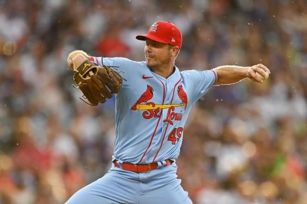 Wade LeBlanc of the St. Louis Cardinals pitches against the Colorado Rockies at Coors Field on July 3, 2021 in Denver, Colorado.