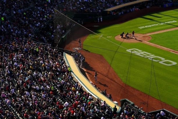 Fans look on from the stands during the game between the Boston Red Sox and the Oakland Athletics at Oakland Coliseum on Saturday, July 3, 2021 in...