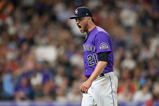 Kyle Freeland of the Colorado Rockies reacts after the third out of the sixth inning after pitching six scoreless innings against the St. Louis...