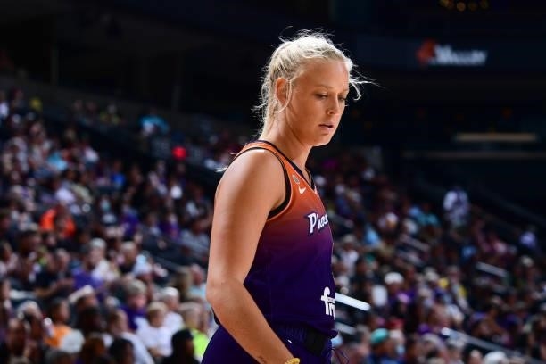 Sophie Cunningham of the Phoenix Mercury looks on during the game against the Minnesota Lynx on July 3, 2021 at Phoenix Suns Arena in Phoenix,...
