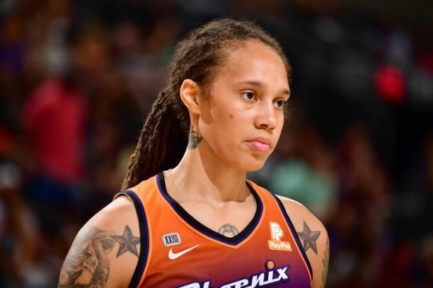 Brittney Griner of the Phoenix Mercury looks on during the game against the Minnesota Lynx on July 3, 2021 at the Phoenix Suns Arena in Phoenix,...