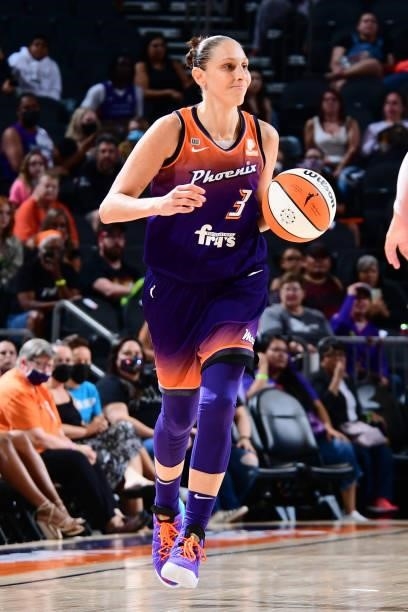 Diana Taurasi of the Phoenix Mercury dribbles the ball during the game against the Minnesota Lynx on July 3, 2021 at Phoenix Suns Arena in Phoenix,...