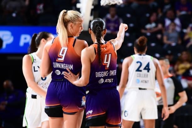 Skylar Diggins-Smith of the Phoenix Mercury talks to teammate Sophie Cunningham during the game against the Minnesota Lynx on July 3, 2021 at Phoenix...