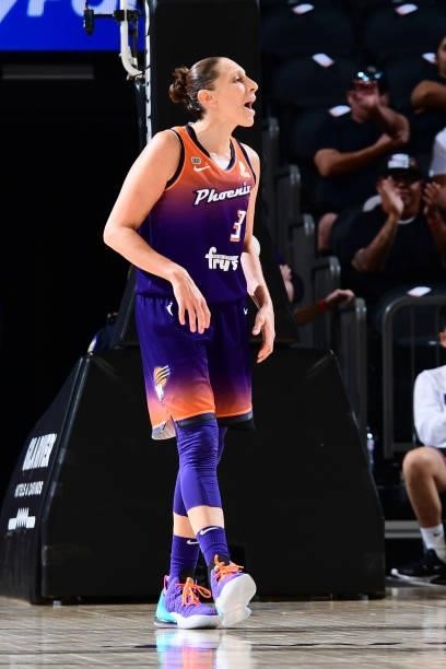 Diana Taurasi of the Phoenix Mercury celebrates during the game against the Minnesota Lynx on July 3, 2021 at Phoenix Suns Arena in Phoenix, Arizona....