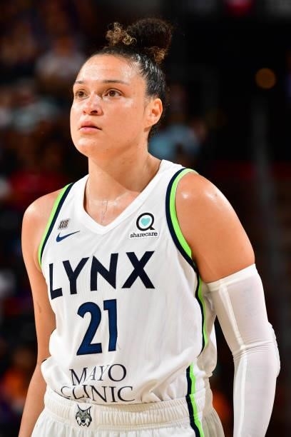 Kayla McBride of the Minnesota Lynx looks on during the game against the Phoenix Mercury on July 3, 2021 at the Phoenix Suns Arena in Phoenix,...