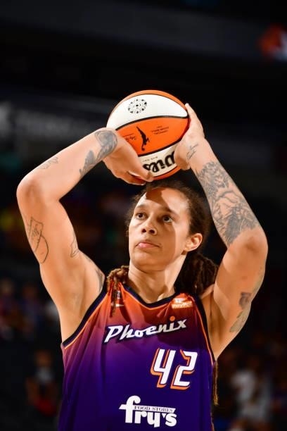 Brittney Griner of the Phoenix Mercury shoots a free throw against the Minnesota Lynx on July 3, 2021 at the Phoenix Suns Arena in Phoenix, Arizona....