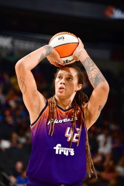 Brittney Griner of the Phoenix Mercury shoots a free throw against the Minnesota Lynx on July 3, 2021 at the Phoenix Suns Arena in Phoenix, Arizona....
