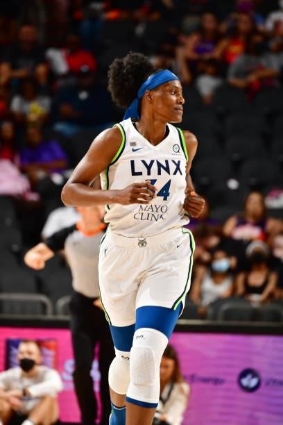 Sylvia Fowles of the Minnesota Lynx runs down the court during the game against the Phoenix Mercury on July 3, 2021 at the Phoenix Suns Arena in...