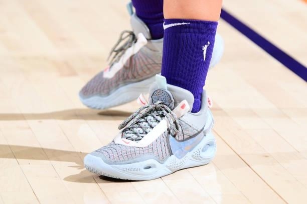 The sneakers of Alanna Smith of the Phoenix Mercury before the game against the Minnesota Lynx on July 3, 2021 at Phoenix Suns Arena in Phoenix,...
