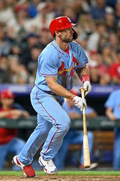 Paul Goldschmidt of the St. Louis Cardinals hits an eighth inning RBI single against the Colorado Rockies at Coors Field on July 3, 2021 in Denver,...