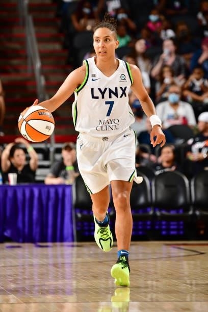 Layshia Clarendon of the Minnesota Lynx dribbles the ball against the Phoenix Mercury on July 3, 2021 at the Phoenix Suns Arena in Phoenix, Arizona....