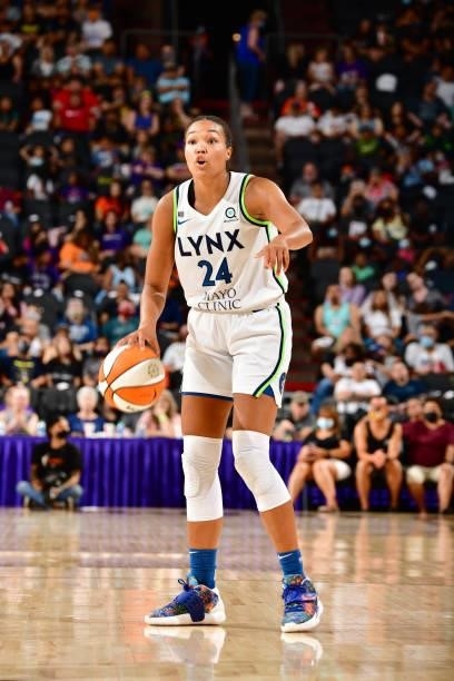 Napheesa Collier of the Minnesota Lynx handles the ball against the Phoenix Mercury on July 3, 2021 at the Phoenix Suns Arena in Phoenix, Arizona....