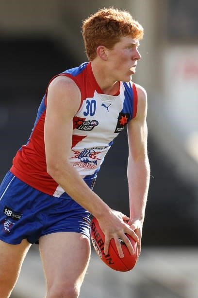Tristen Waack of the Power runs with the ball during the NAB League match between Gippsland Power and the Western Jets at Morwell Football Ground on...