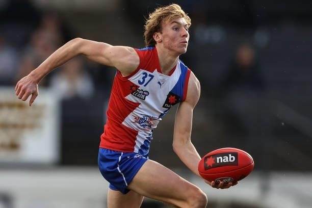 Max Walton of the Power handballs during the NAB League match between Gippsland Power and the Western Jets at Morwell Football Ground on July 4, 2021...