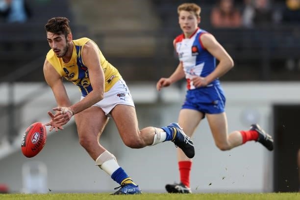 Paul Tsapatolis of the Jets competes for the ball during the NAB League match between Gippsland Power and the Western Jets at Morwell Football Ground...