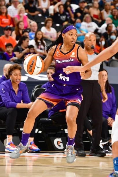 Shey Peddy of the Phoenix Mercury handles the ball against the Minnesota Lynx on July 3, 2021 at the Phoenix Suns Arena in Phoenix, Arizona. NOTE TO...