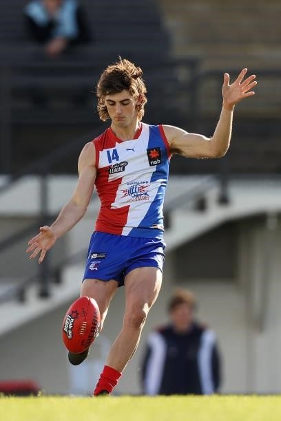 Aaron Turton of the Power clears by foot during the NAB League match between Gippsland Power and the Western Jets at Morwell Football Ground on July...