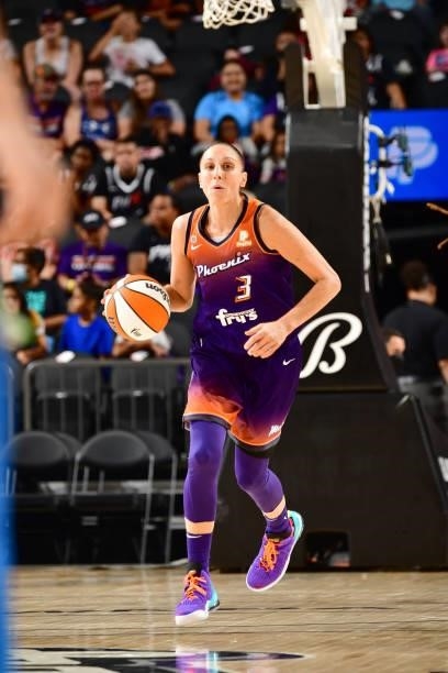 Diana Taurasi of the Phoenix Mercury dribbles the ball against the Minnesota Lynx on July 3, 2021 at the Phoenix Suns Arena in Phoenix, Arizona. NOTE...
