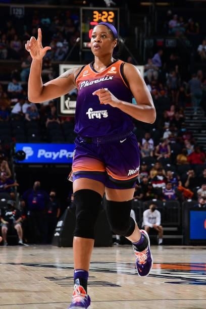 Kia Vaughn of the Phoenix Mercury points during the game against the Minnesota Lynx on July 3, 2021 at Phoenix Suns Arena in Phoenix, Arizona. NOTE...