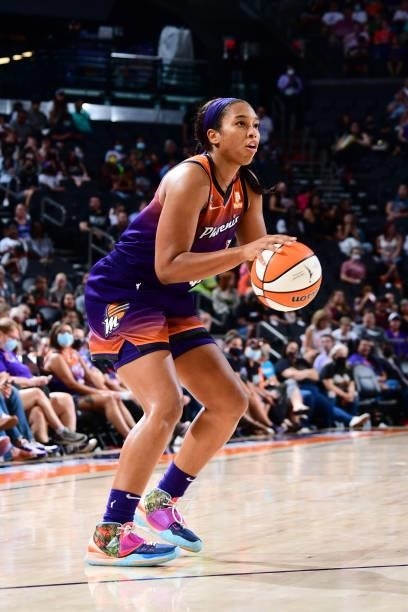 Megan Walker of the Phoenix Mercury looks on during the game against the Minnesota Lynx on July 3, 2021 at Phoenix Suns Arena in Phoenix, Arizona....