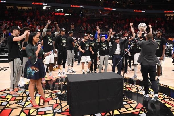 General Manager Jon Horst of the Milwaukee Bucks presents the Eastern Conference Finals Trophy to the team after the game against the Atlanta Hawks...