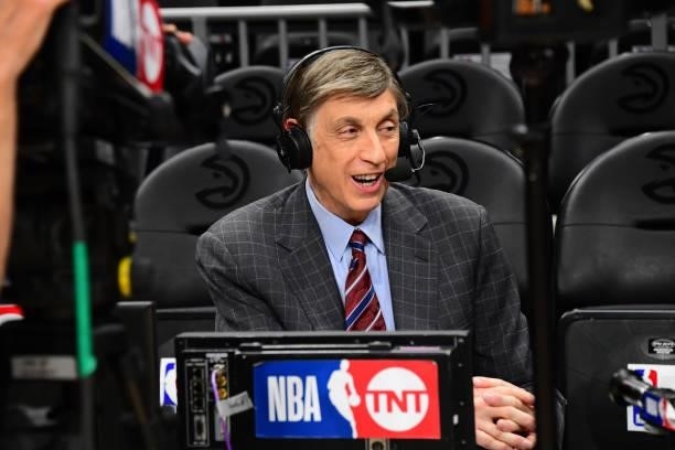 Analyst Marv Albert after the game between the Milwaukee Bucks and the Atlanta Hawks during Game 6 of the Eastern Conference Finals of the 2021 NBA...