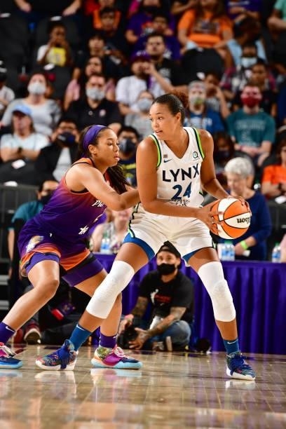 Megan Walker of the Phoenix Mercury plays defense on Napheesa Collier of the Minnesota Lynx on July 3, 2021 at the Phoenix Suns Arena in Phoenix,...
