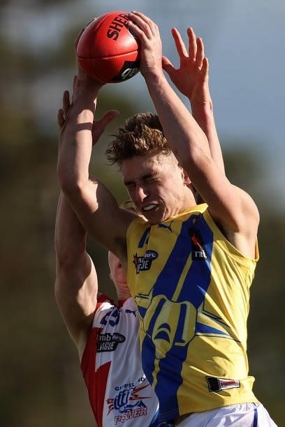 Mace Cousins of the Jets marks the ball during the NAB League match between Gippsland Power and the Western Jets at Morwell Football Ground on July...