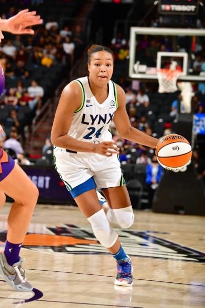 Napheesa Collier of the Minnesota Lynx drives to the basket against the Phoenix Mercury on July 3, 2021 at the Phoenix Suns Arena in Phoenix,...