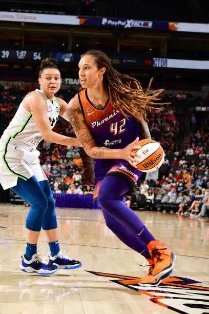 Brittney Griner of the Phoenix Mercury drives to the basket against the Minnesota Lynx on July 3, 2021 at the Phoenix Suns Arena in Phoenix, Arizona....
