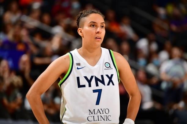 Layshia Clarendon of the Minnesota Lynx looks on during the game against the Phoenix Mercury on July 3, 2021 at the Phoenix Suns Arena in Phoenix,...