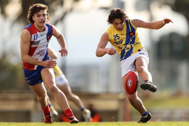 Adam Azzopardi of the Jets clears by foot during the NAB League match between Gippsland Power and the Western Jets at Morwell Football Ground on July...