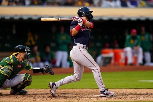 Marwin Gonzalez of the Boston Red Sox bats during the game between the Boston Red Sox and the Oakland Athletics at Oakland Coliseum on Saturday, July...