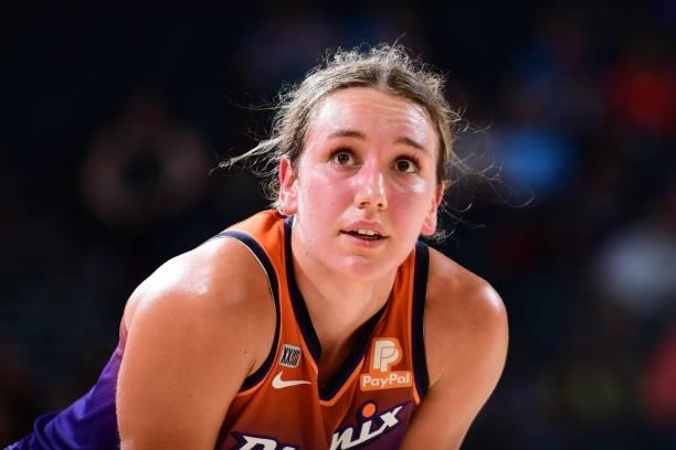 Alanna Smith of the Phoenix Mercury looks on during the game against the Minnesota Lynx on July 3, 2021 at Phoenix Suns Arena in Phoenix, Arizona....