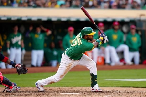 Elvis Andrus of the Oakland Athletics bats during the game between the Boston Red Sox and the Oakland Athletics at Oakland Coliseum on Saturday, July...