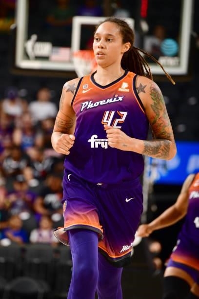 Brittney Griner of the Phoenix Mercury runs down the court during the game against the Minnesota Lynx on July 3, 2021 at the Phoenix Suns Arena in...