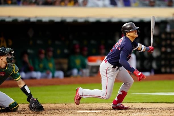 Enrique Hernández of the Boston Red Sox bats during the game between the Boston Red Sox and the Oakland Athletics at Oakland Coliseum on Saturday,...