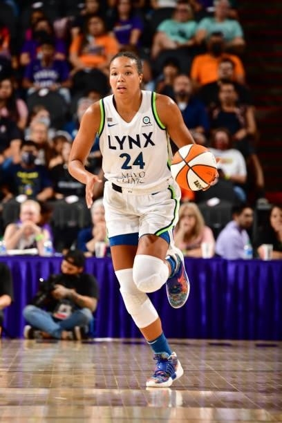 Napheesa Collier of the Minnesota Lynx dribbles the ball against the Phoenix Mercury on July 3, 2021 at the Phoenix Suns Arena in Phoenix, Arizona....