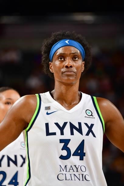 Sylvia Fowles of the Minnesota Lynx looks up during the game against the Phoenix Mercury on July 3, 2021 at the Phoenix Suns Arena in Phoenix,...