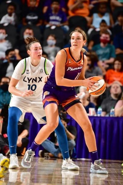 Jessica Shepard of the Minnesota Lynx plays defense on Alanna Smith of the Phoenix Mercury on July 3, 2021 at the Phoenix Suns Arena in Phoenix,...